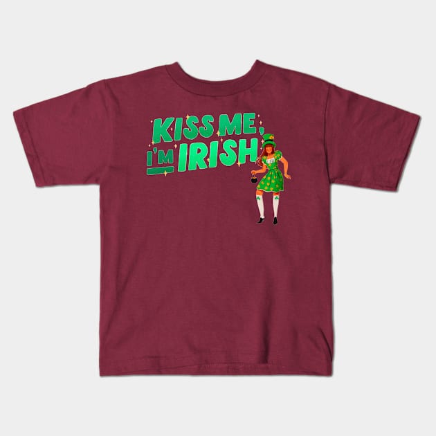 Kiss me I'm Irish Woman in Irish costume with Pot of Gold Kids T-Shirt by Danderwen Press